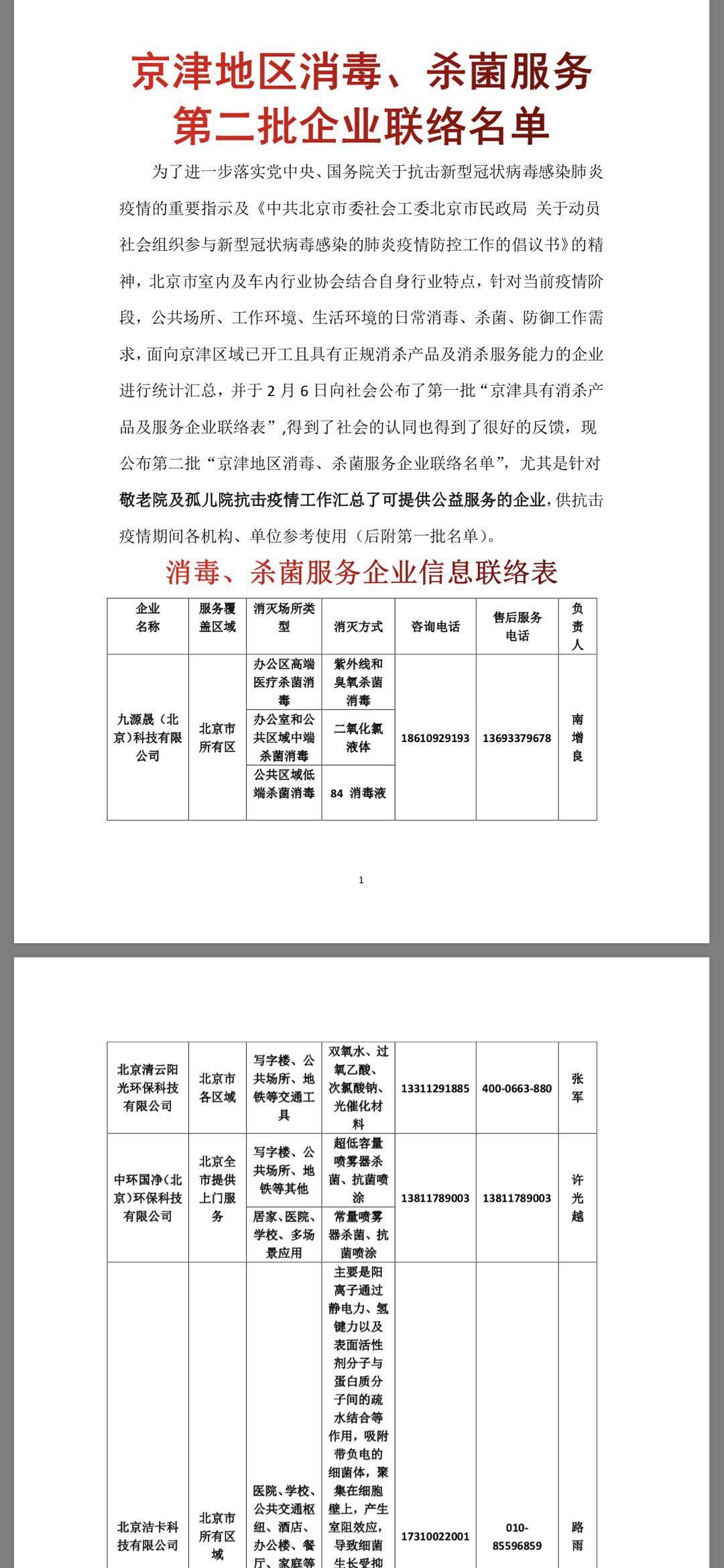 京津地區(qū)消毒、殺菌服務第二批企業(yè)聯(lián)絡名單