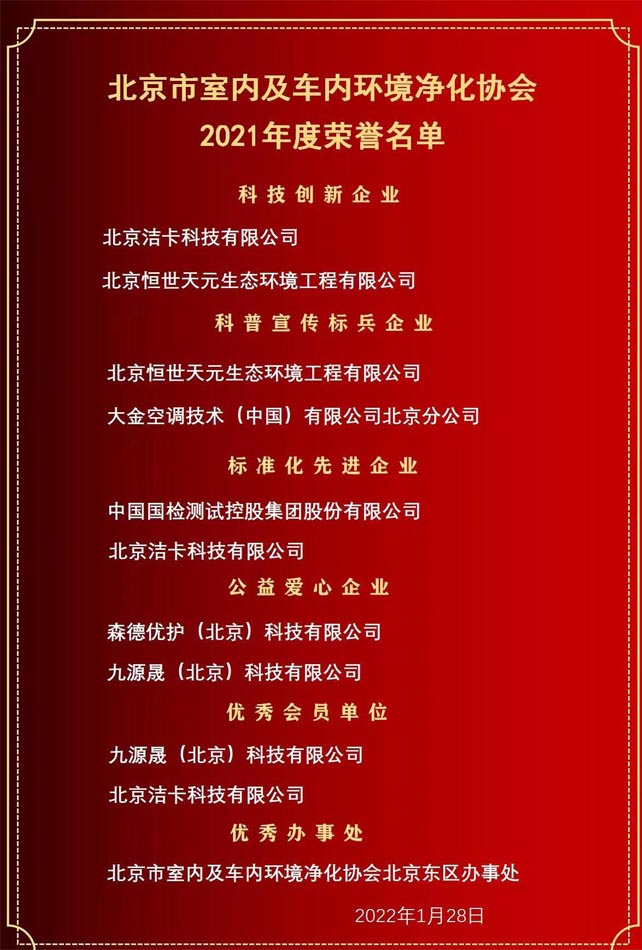 恭喜北京潔卡科技室內空氣除甲醛治理公司榮獲“北京室內及車內環(huán)境凈化協(xié)會”2021年度三項企業(yè)榮譽獎項
